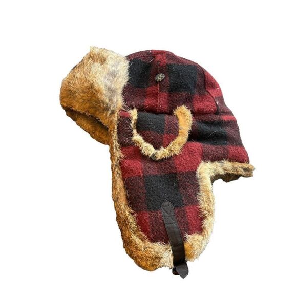 Vintage Red & Black Plaid Trapper Hat With rabbit  Fur Lining - Picture 1 of 8